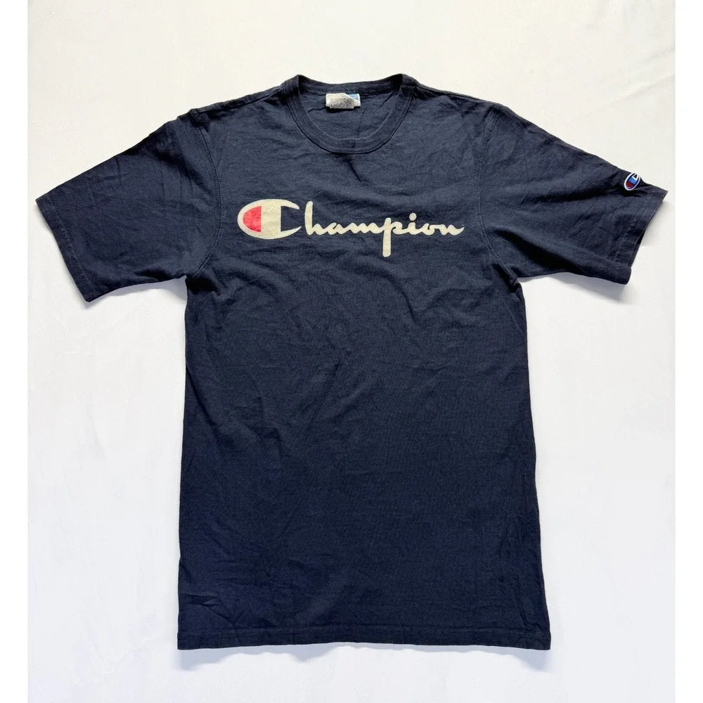 Vintage Champion T Shirt Men Small Navy Blue Graphic Spellout Script Logo Cotton - Picture 1 of 8